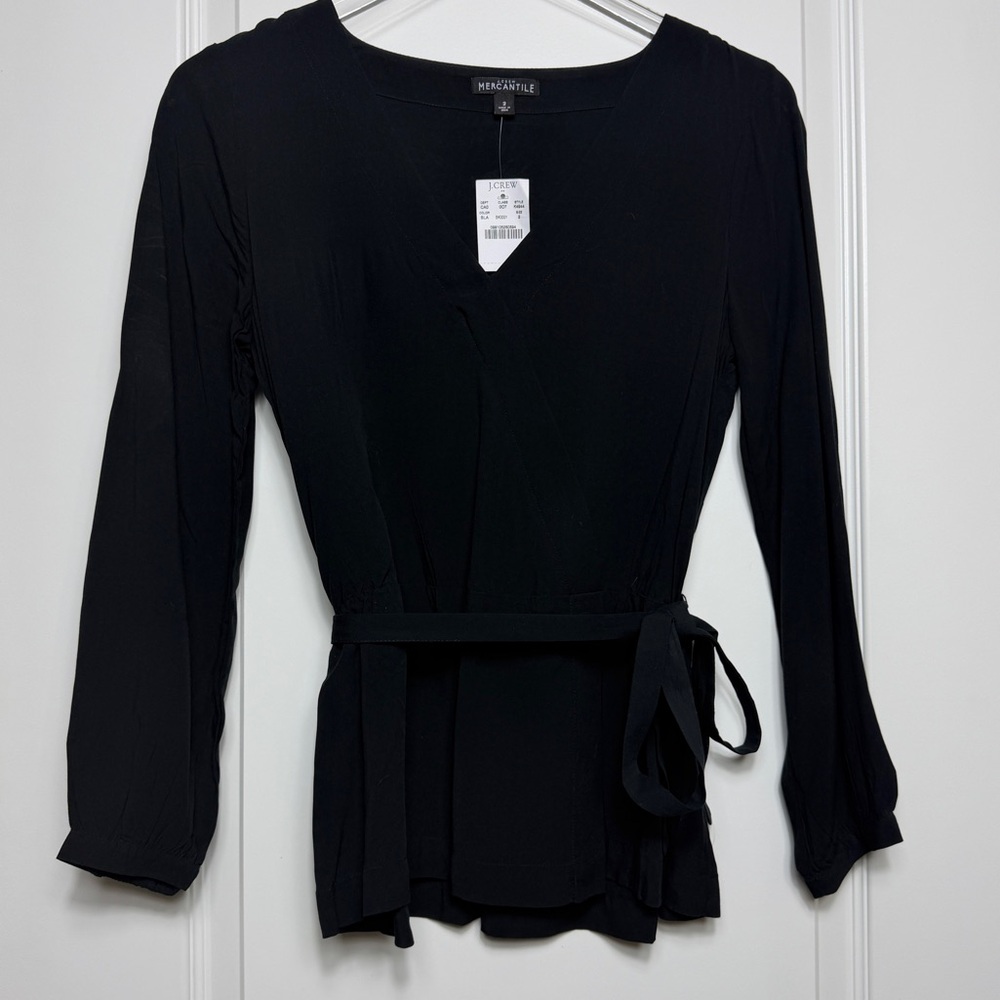 J.Crew Mercantile Black Faux Wrap-Style Blouse | NWT | Size 2